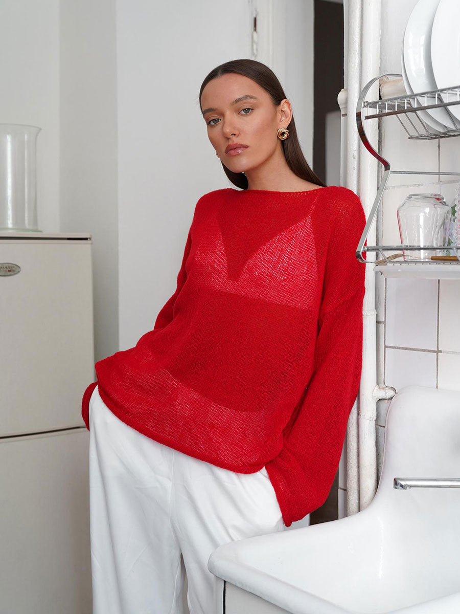 Women's Hollow Knitted Top Bohemian Style Round Neck Flared Sleeve T-shirt