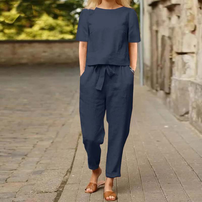 Women's Cotton Hemp Half Sleeve O-Neck Oversized Hoodie Wide Leg Pants Retro Set Two Pieces