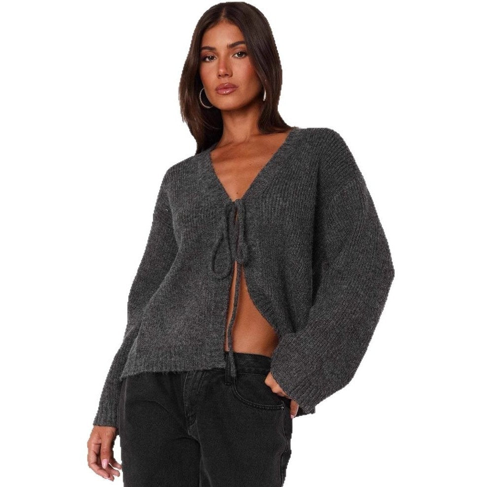 New Solid Color Sexy V-neck Slim Handmade Tie-front Top Women