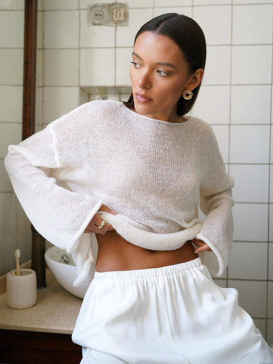 Women's Hollow Knitted Top Bohemian Style Round Neck Flared Sleeve T-shirt