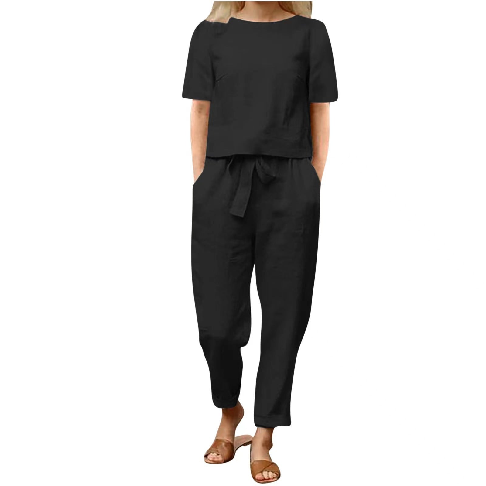 Women's Cotton Hemp Half Sleeve O-Neck Oversized Hoodie Wide Leg Pants Retro Set Two Pieces