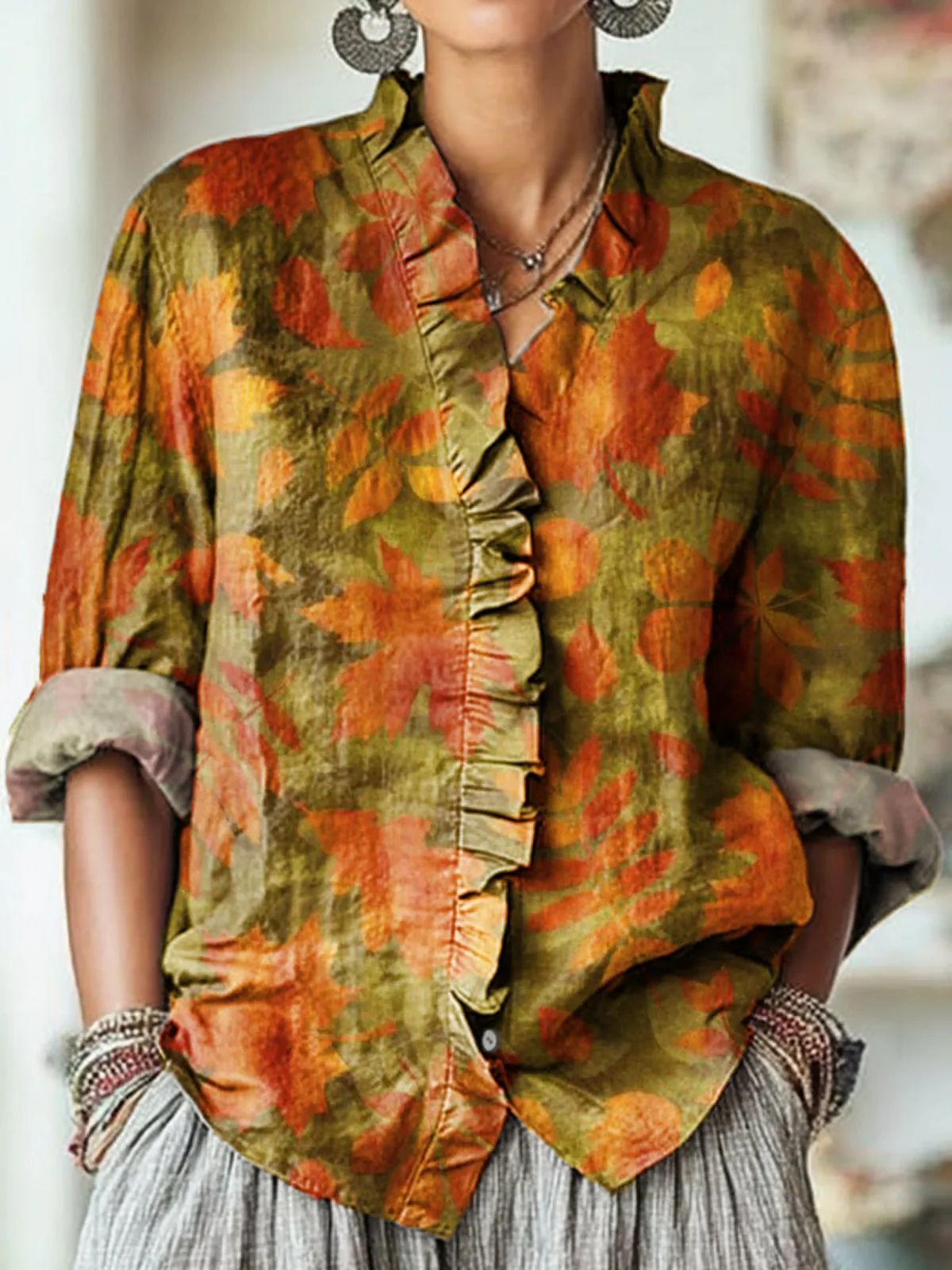 Women's All-match Loose Printed Casual Large Size Lace Shirt