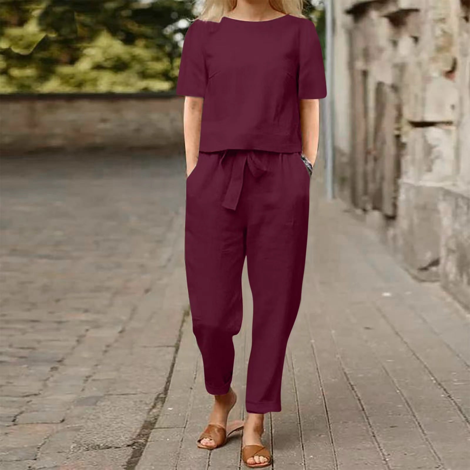 Women's Cotton Hemp Half Sleeve O-Neck Oversized Hoodie Wide Leg Pants Retro Set Two Pieces