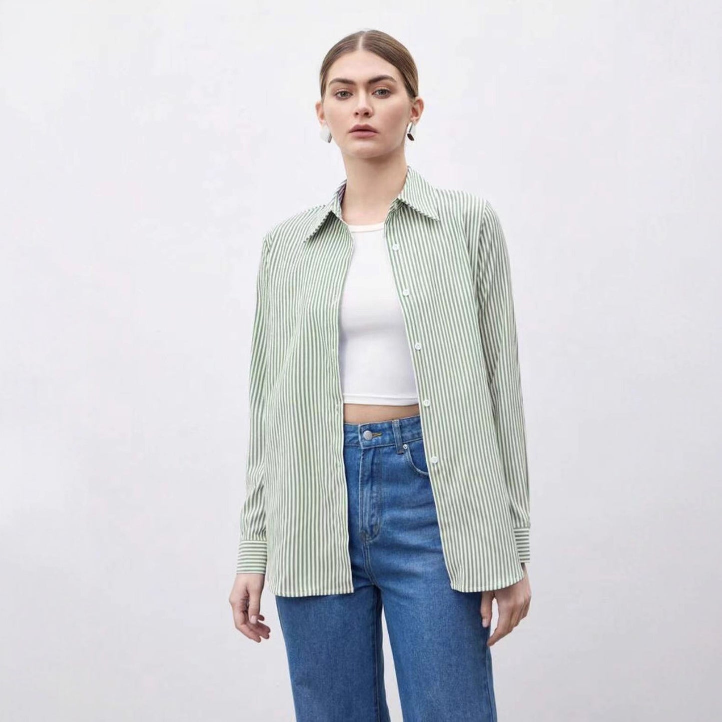 Women's Casual Single-breasted Striped Long-sleeved Shirt