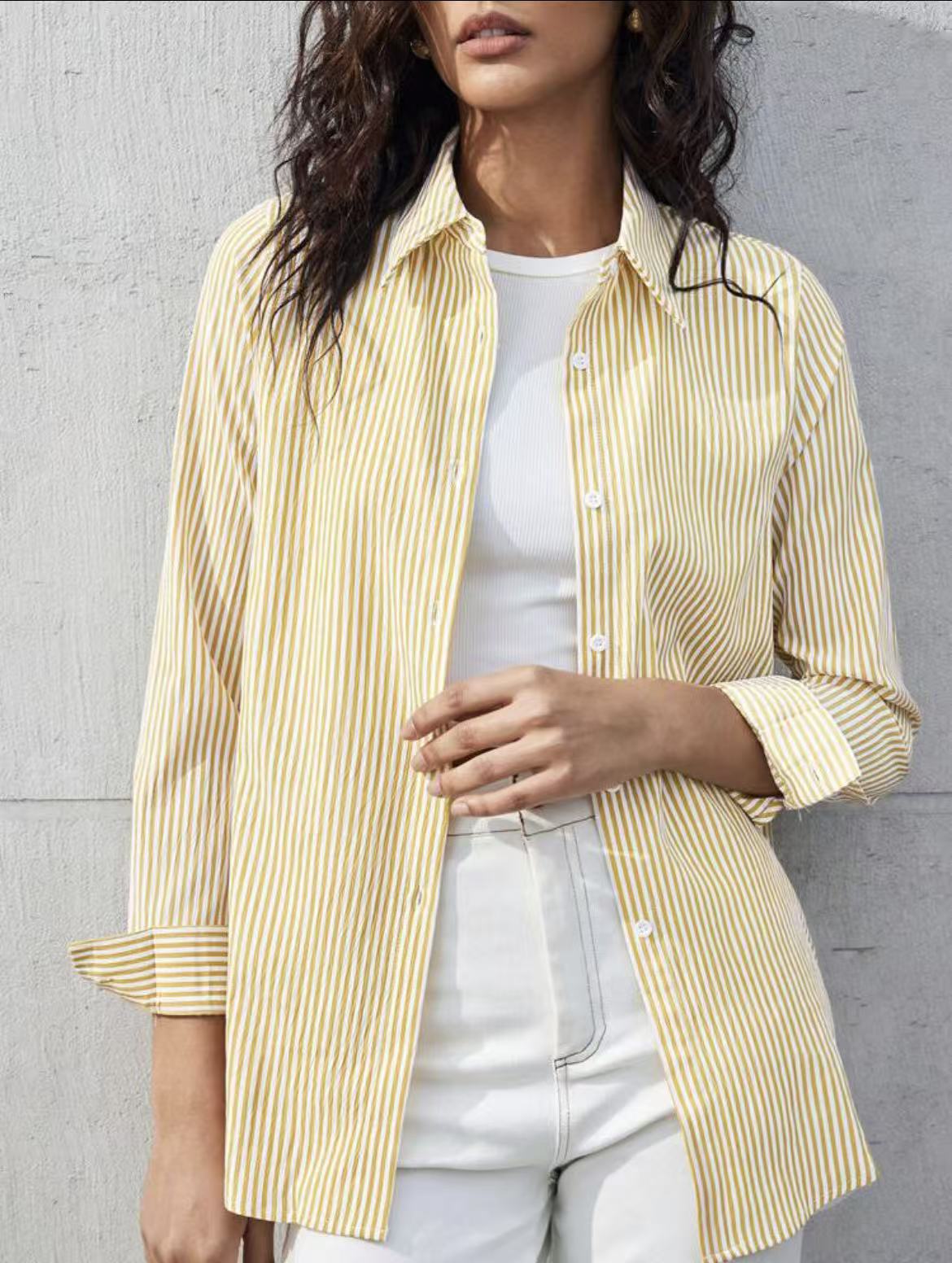 Women's Casual Single-breasted Striped Long-sleeved Shirt