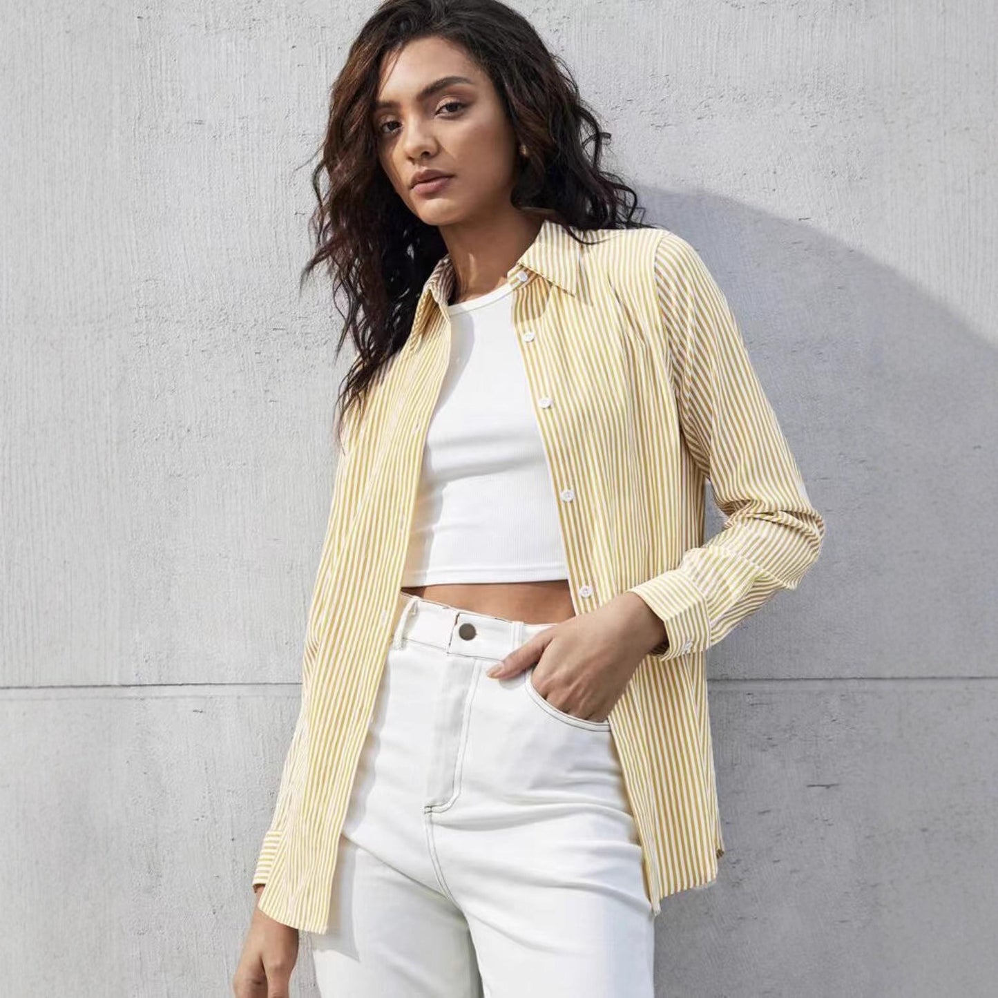 Women's Casual Single-breasted Striped Long-sleeved Shirt