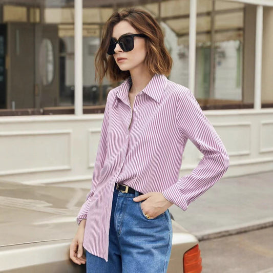 Women's Casual Single-breasted Striped Long-sleeved Shirt