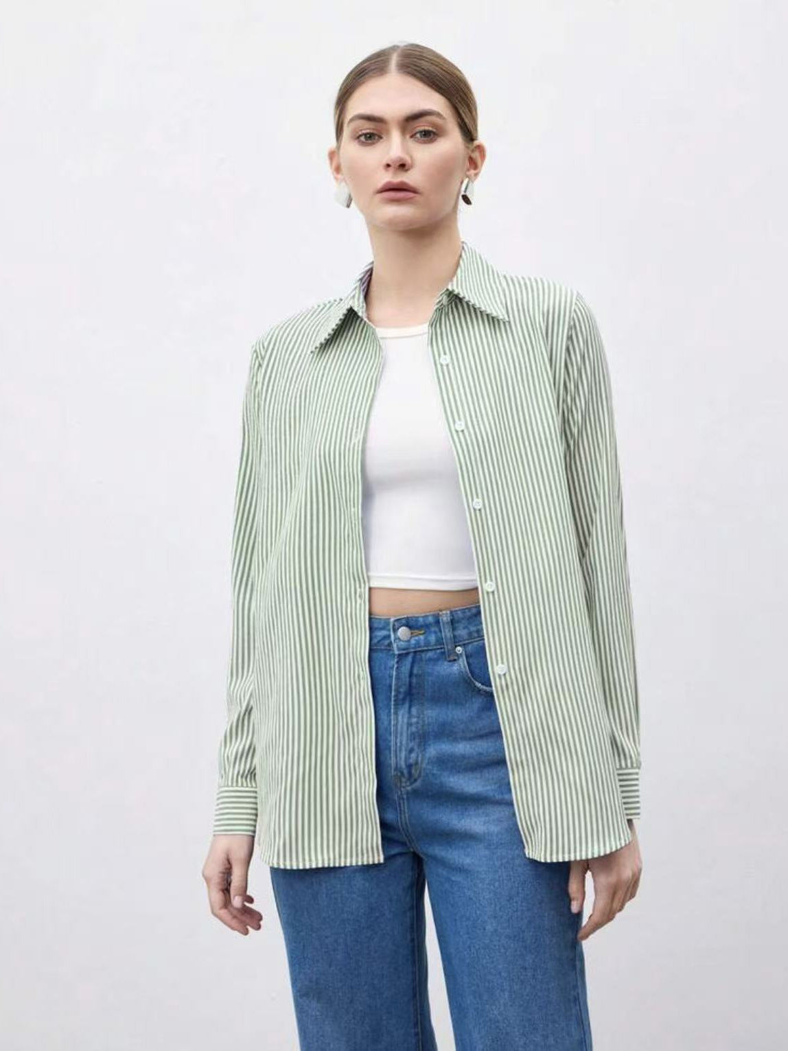 Women's Casual Single-breasted Striped Long-sleeved Shirt