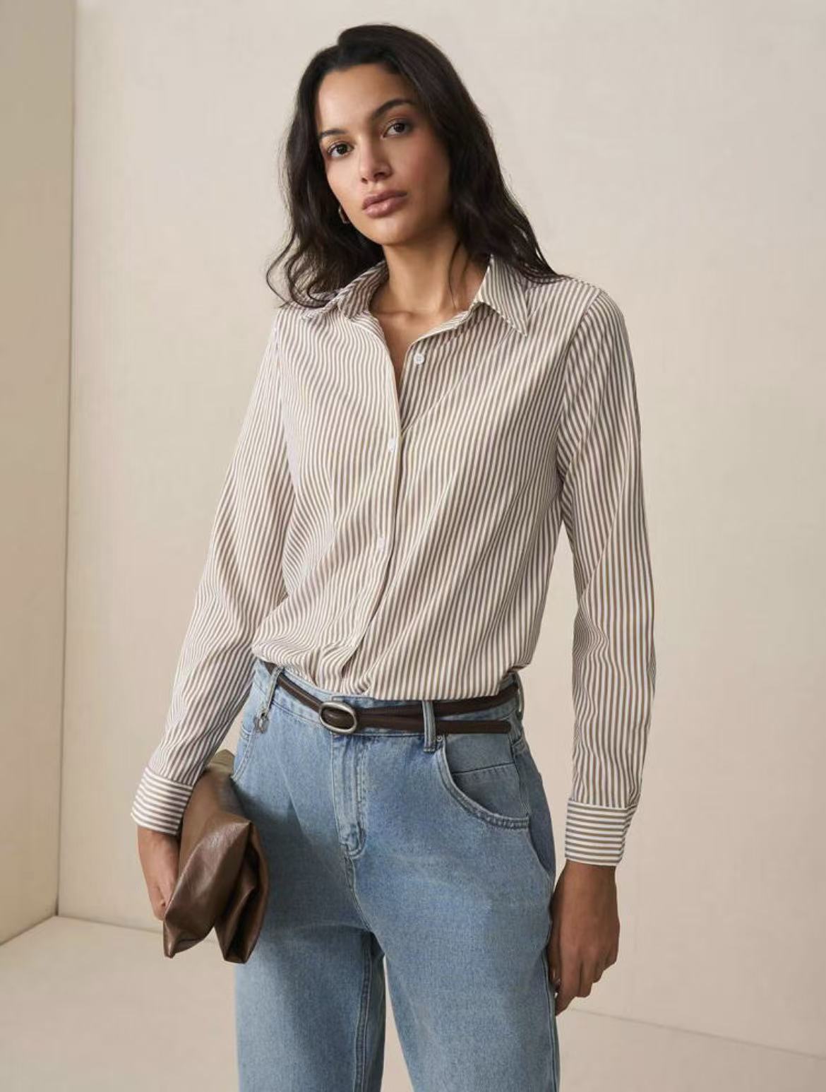 Women's Casual Single-breasted Striped Long-sleeved Shirt