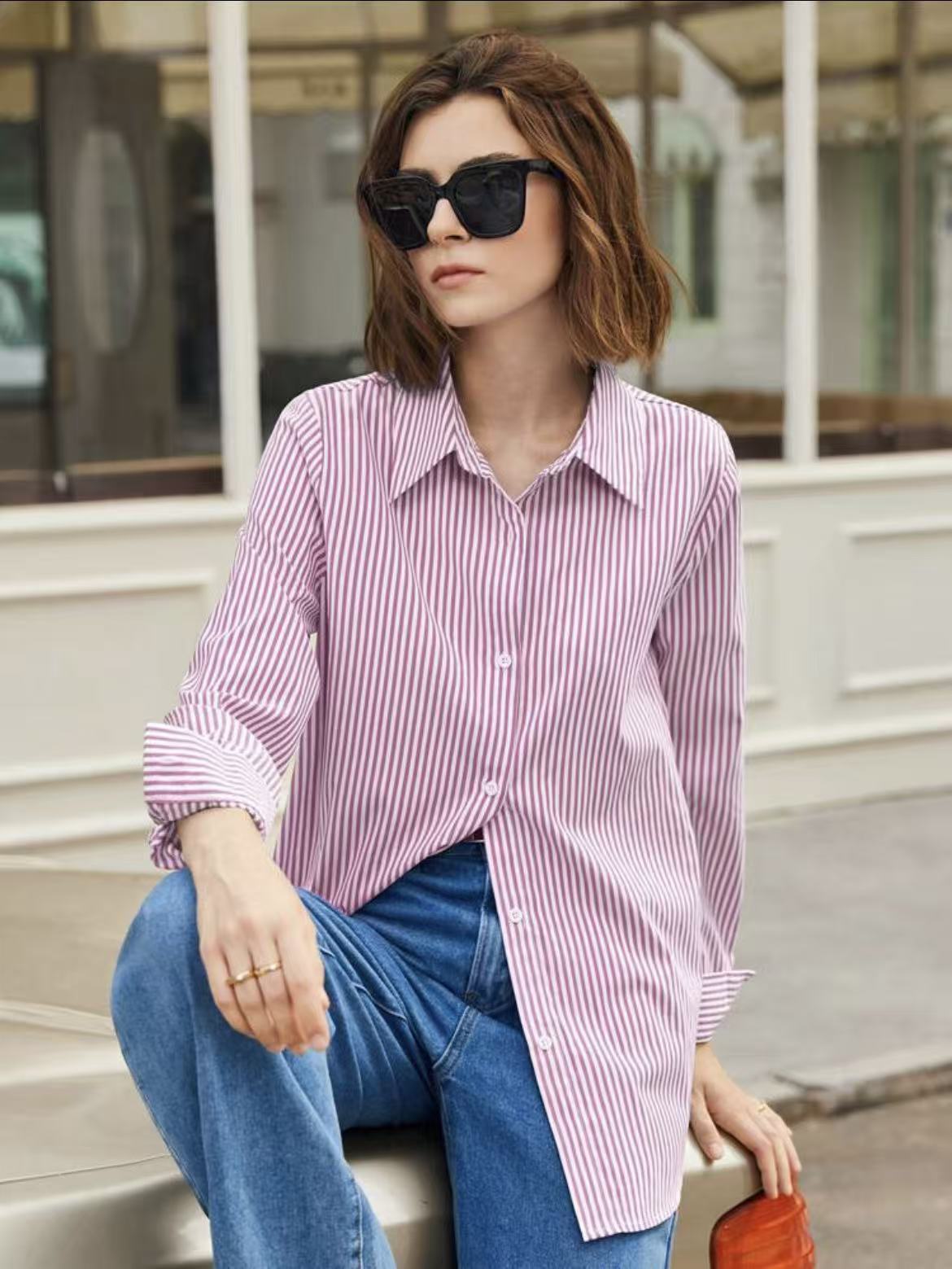 Women's Casual Single-breasted Striped Long-sleeved Shirt