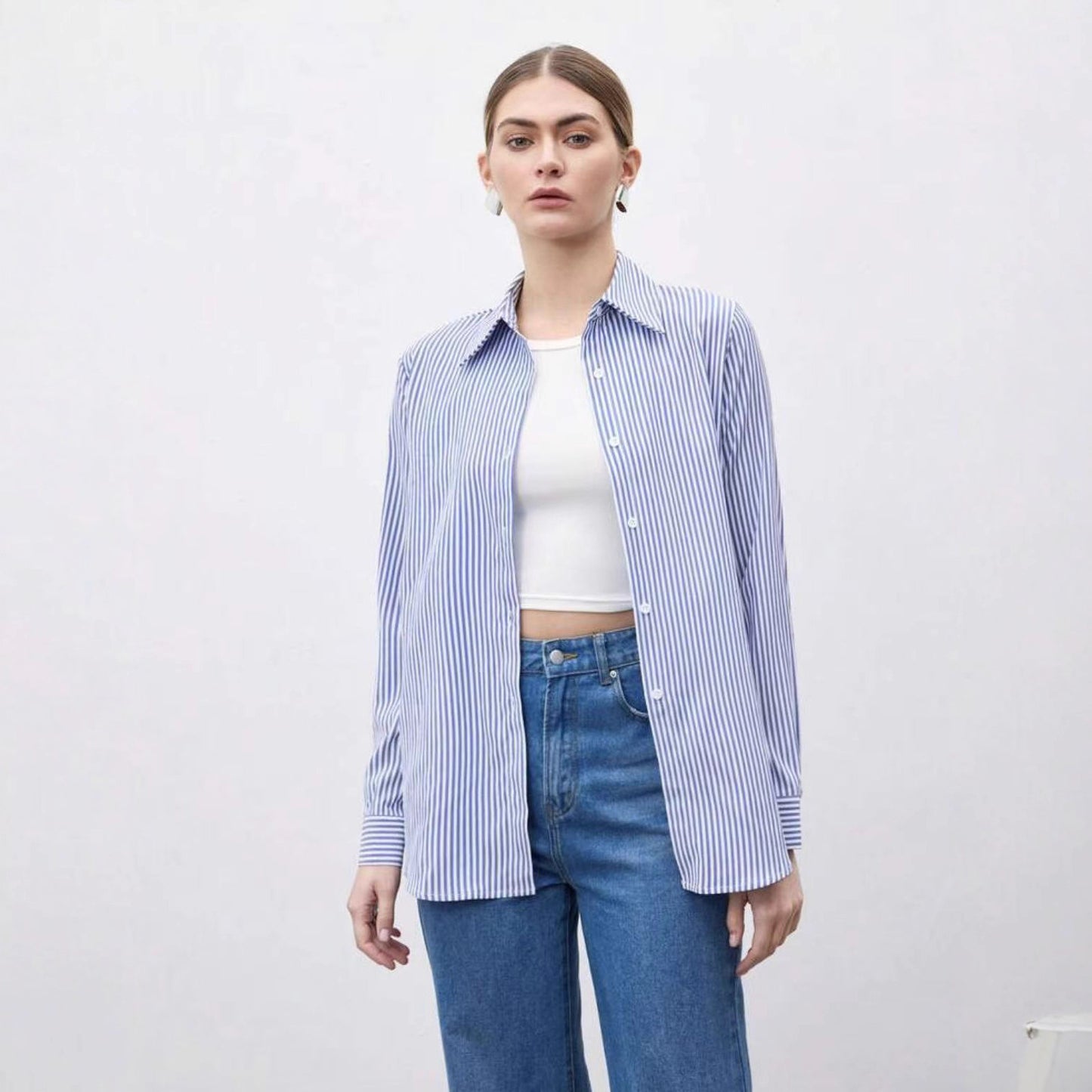 Women's Casual Single-breasted Striped Long-sleeved Shirt