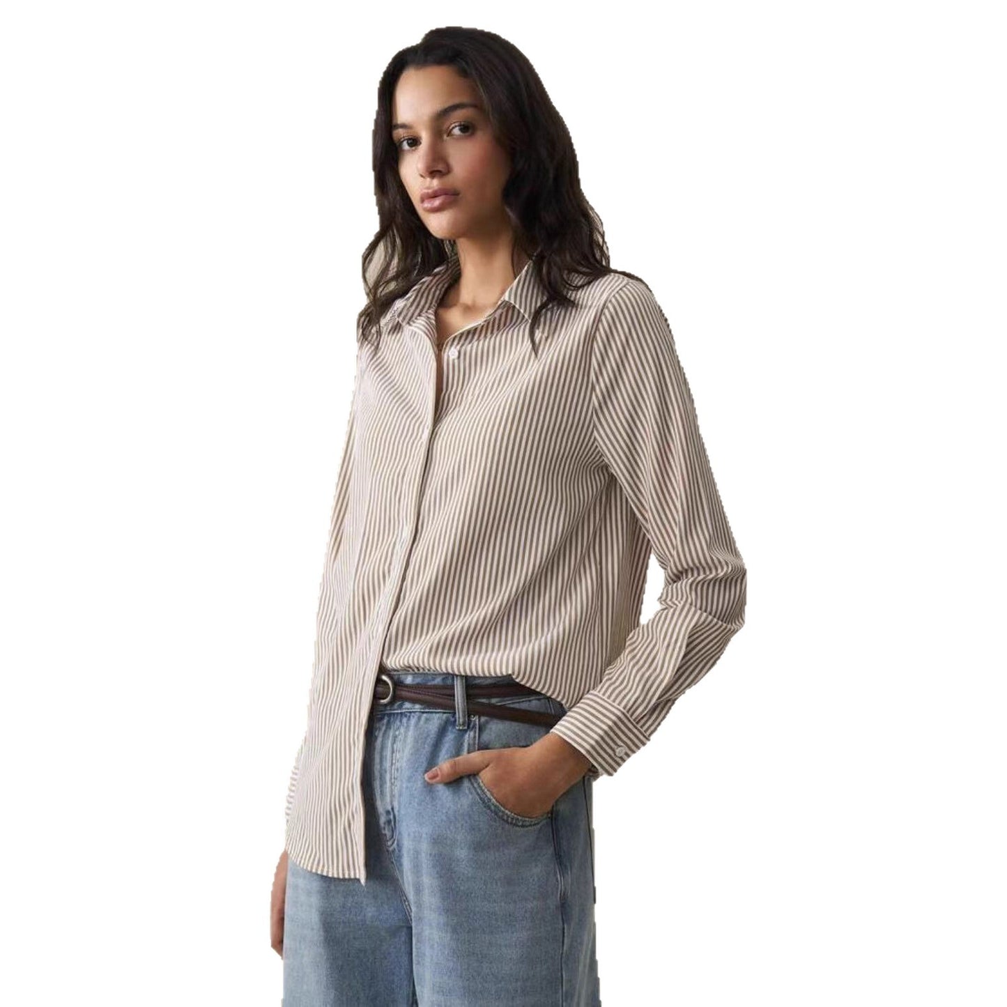 Women's Casual Single-breasted Striped Long-sleeved Shirt