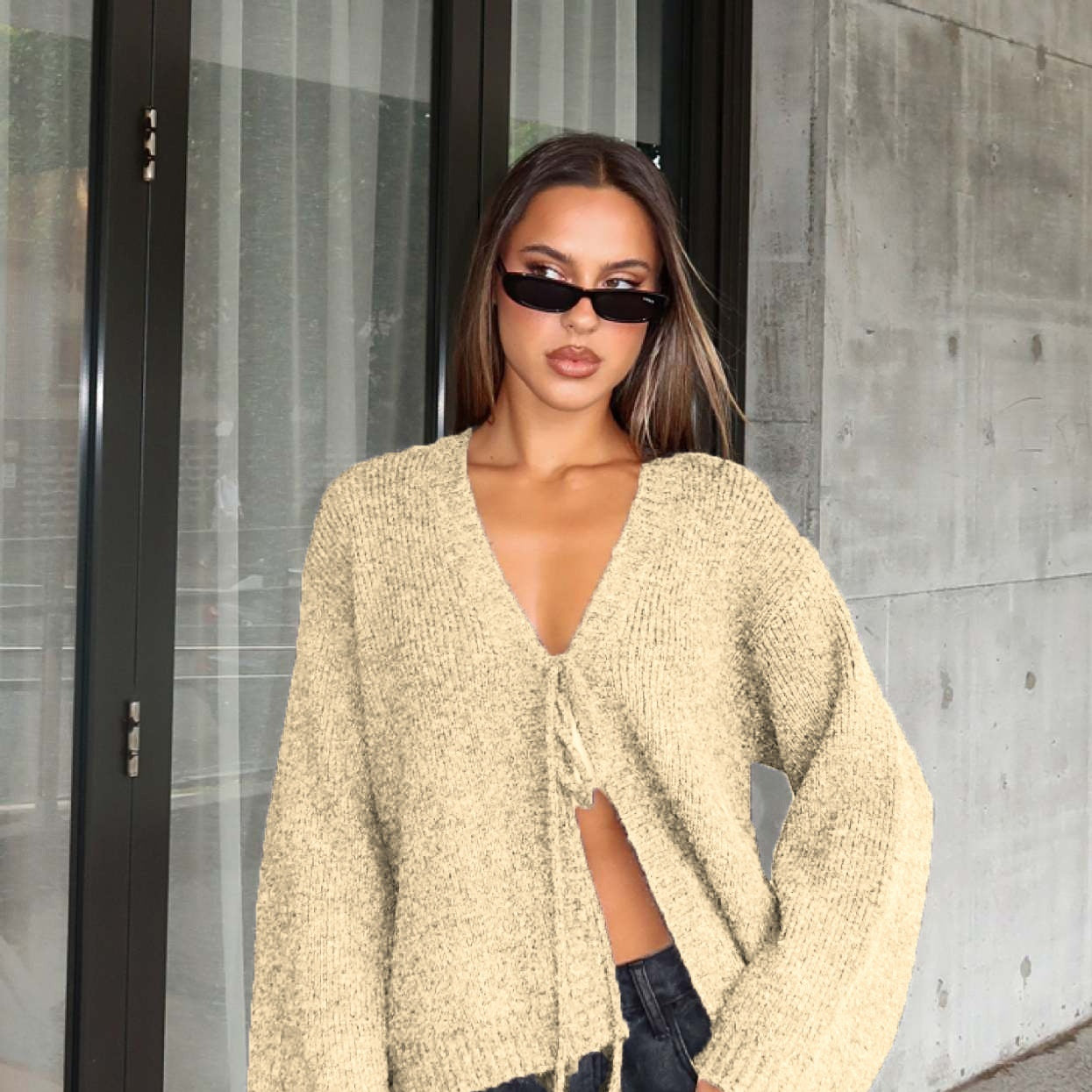 New Solid Color Sexy V-neck Slim Handmade Tie-front Top Women