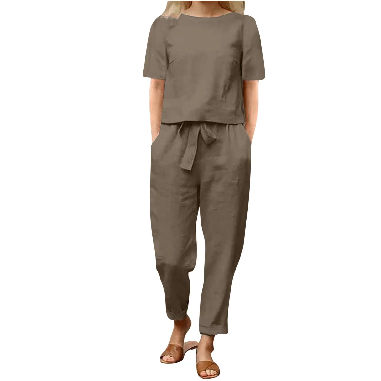 Women's Cotton Hemp Half Sleeve O-Neck Oversized Hoodie Wide Leg Pants Retro Set Two Pieces