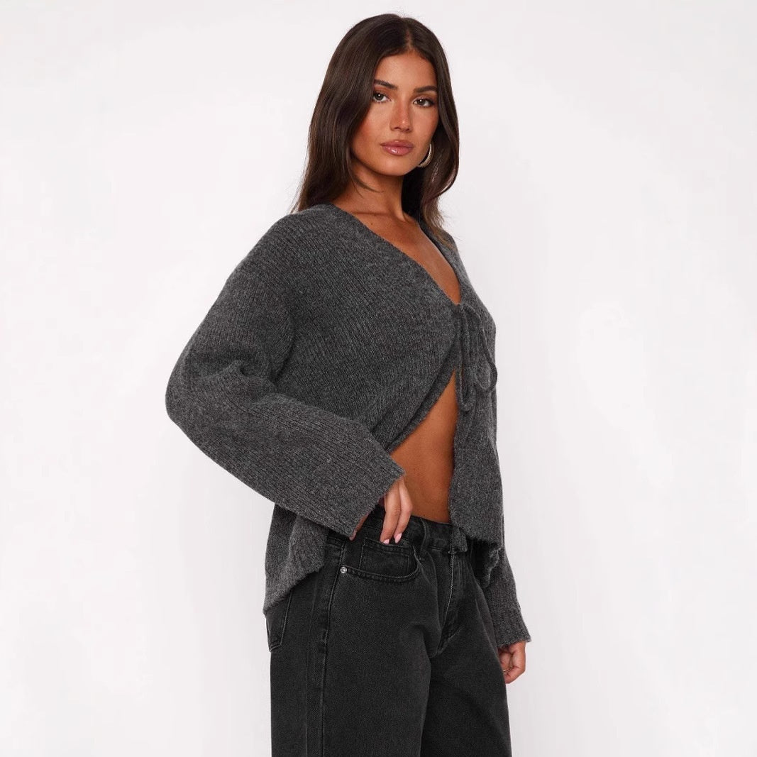 New Solid Color Sexy V-neck Slim Handmade Tie-front Top Women