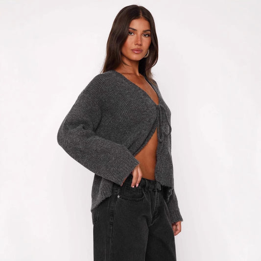 New Solid Color Sexy V-neck Slim Handmade Tie-front Top Women