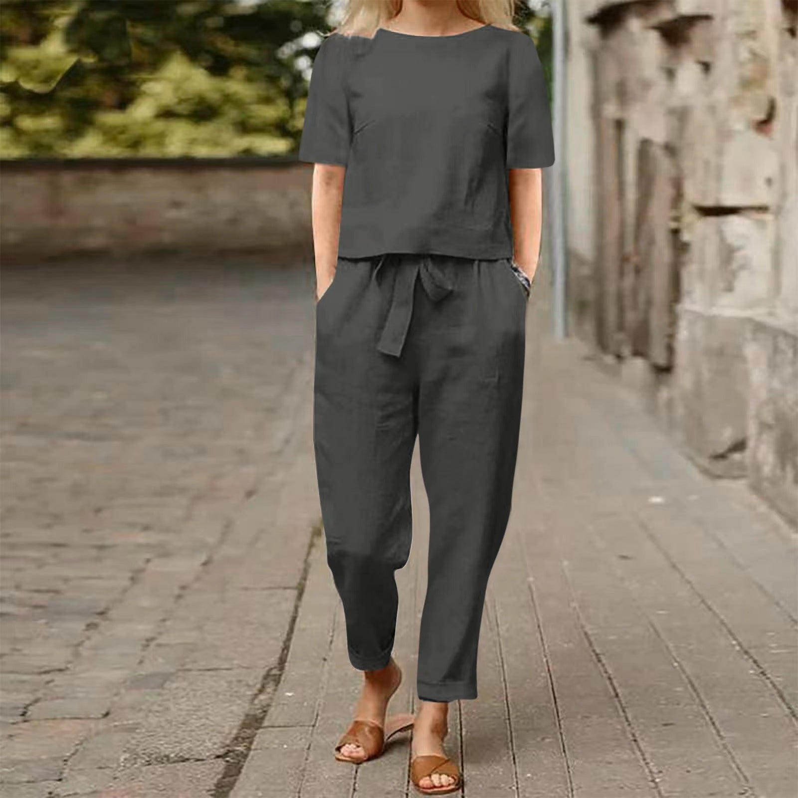 Women's Cotton Hemp Half Sleeve O-Neck Oversized Hoodie Wide Leg Pants Retro Set Two Pieces
