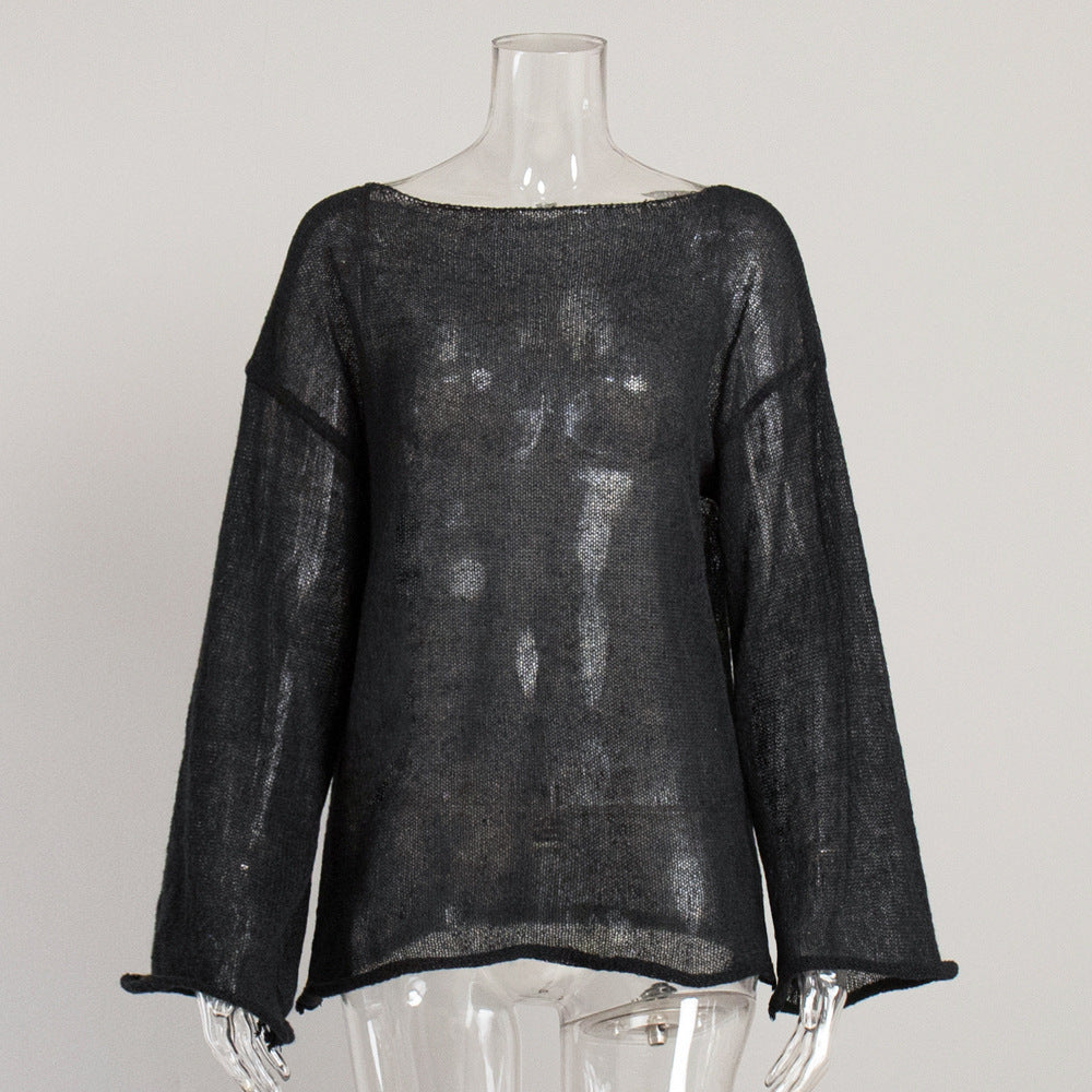 Women's Hollow Knitted Top Bohemian Style Round Neck Flared Sleeve T-shirt